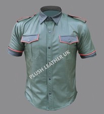 Green 100 Real Sheep/Cowhide Leather Police Uniform Shirt Short Sleeve Gay BLUF