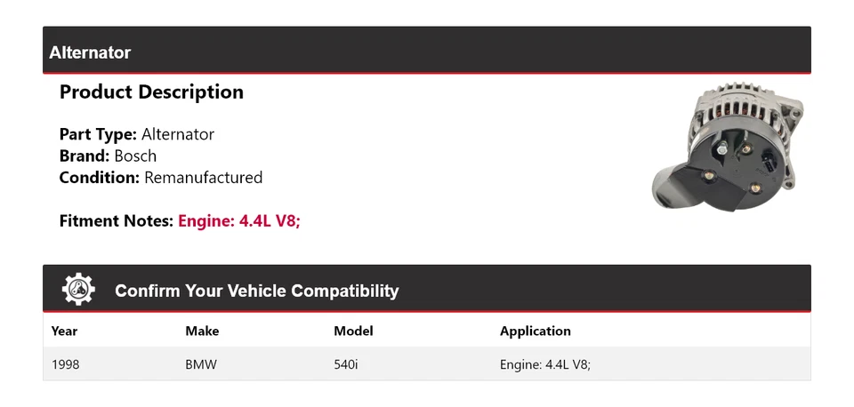 Alternador Bosch para BMW 540i 1998 4,4 L V8 (remanufacturado) Foto 2 de 4