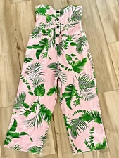 ASOS size 8 linen blend strapless cropped jumpsuit leaf print tropical pockets
