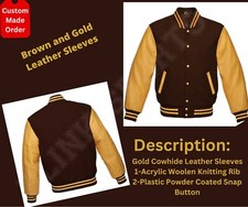 Customised Letterman Varsity Brown Wool Body  Gold Real Leather Sleeves Jackets