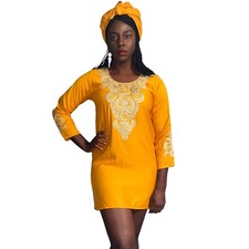 Burnt Orange African Caftan with Gold Embroidery Plus a Head Scarf