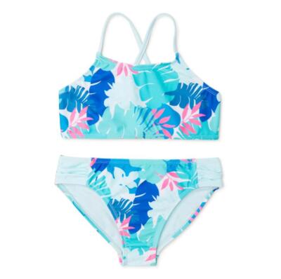 Wonder Nation Girls Palm Printed Bikini Swimsuit with UPF 50+ Blue