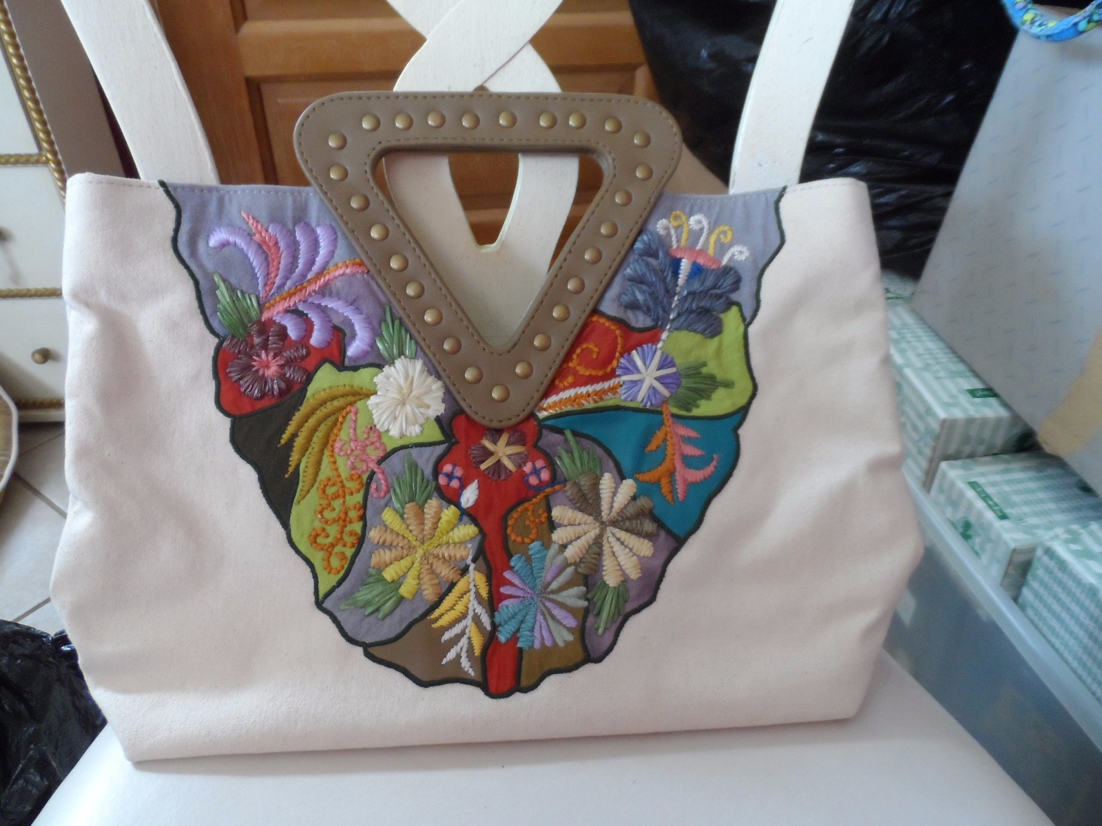 Beautiful Off White Canvas Clutch Tote With Floral Embroidery By Zingara