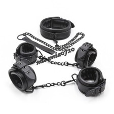 3PCS Real Leather Neck Collar Hand Ankle Cuffs with Chain Harness for Couples