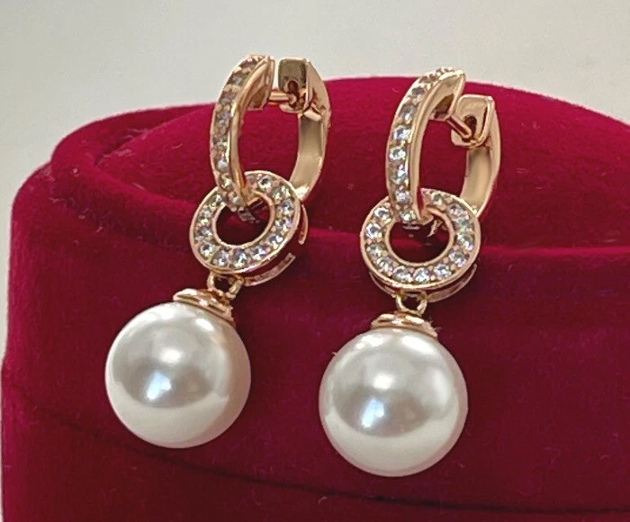 Luxus 2 Tlg. Perlen Ohrringe Creole Zirkonia 750er Rolled Gold 18K vergoldet - Bild 4 von 4