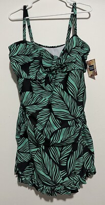 NWT Noon Swim Aqua Green Leaf Swimdress 24 Sewn In Cups | eBay