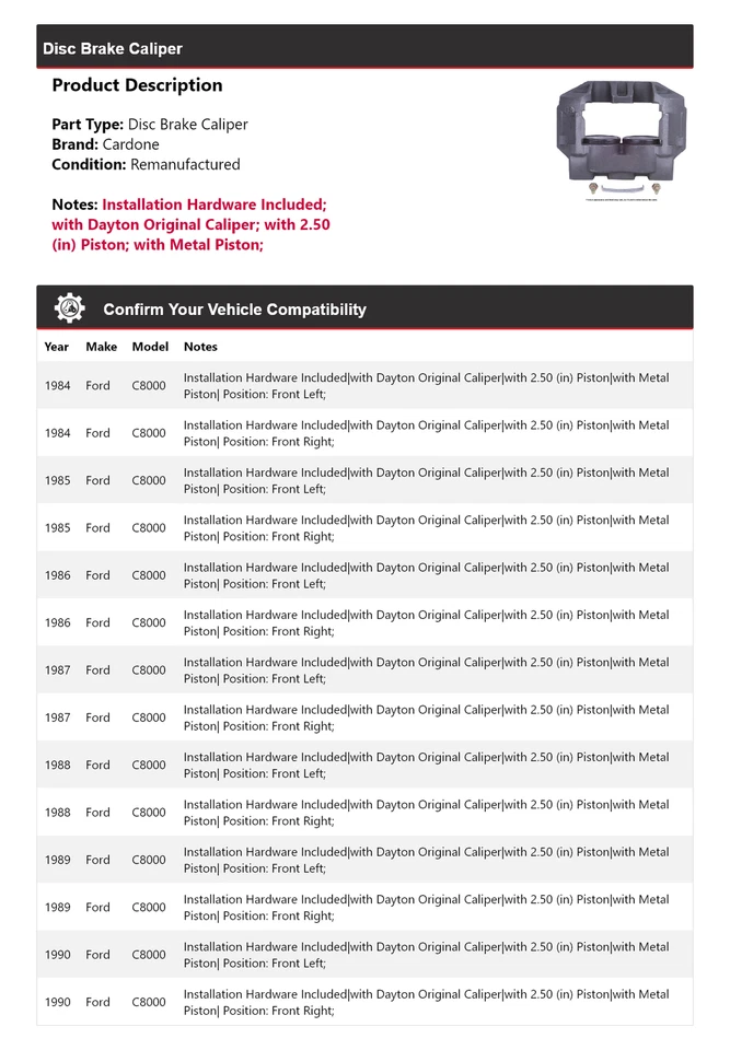 Суппорт дискового тормоза Cardone для 1984-1990 Ford C8000 1985 1986 1987 1988 1989 - Изображение 2 из 4
