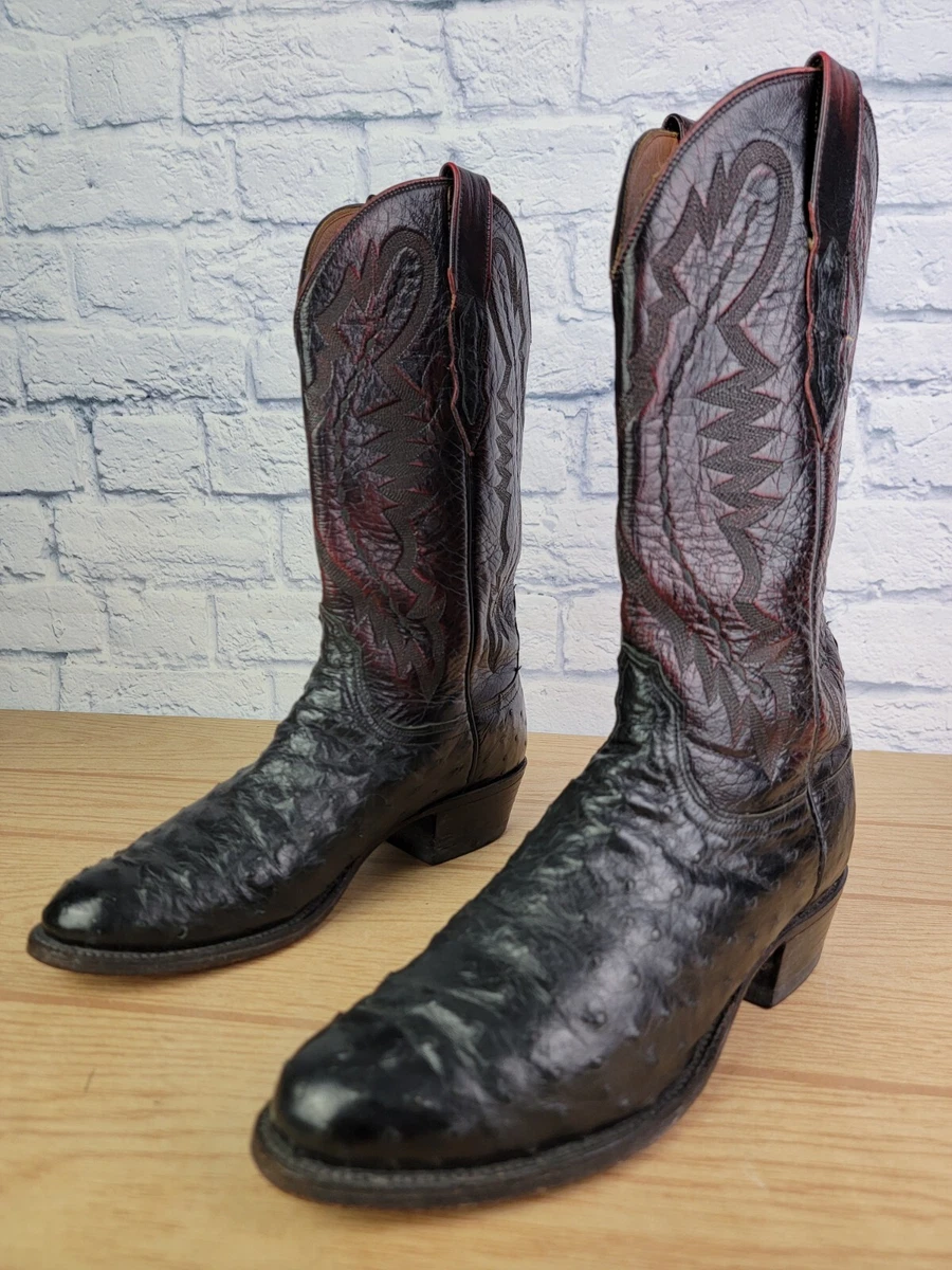 Lucchese 2000 Black Cherry Full Quill Ostrich Cowboy Boots Men's Size 9 EE