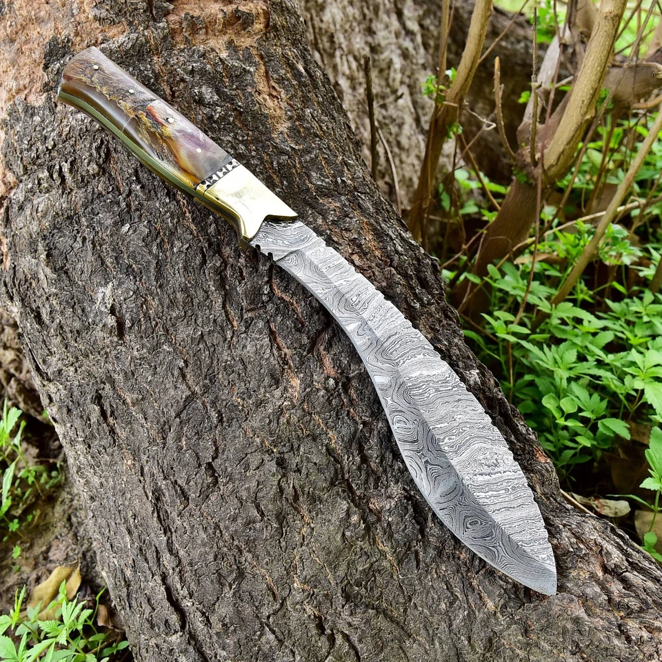 CUSTOM HANDMADE DAMASCUS STEEL HUNTING KUKRI BOWIE KNIFE RAM HORN HANDLE X-200 - Image 3 of 4