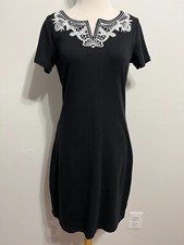Talbots Petites Notch Neck Knit Sheath Dress Black w/White Embroidery SP NWOT