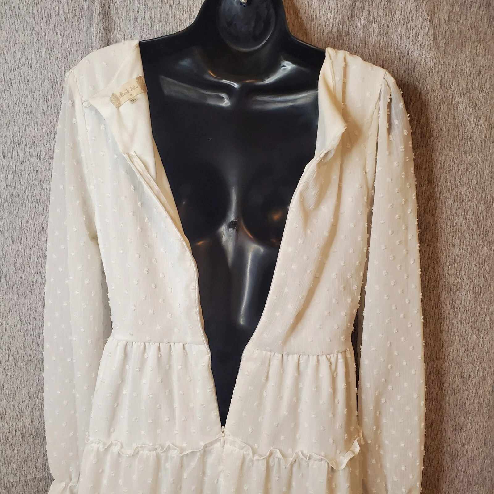 OFF WHITE Abito Altar’d State Off bianco testurizzato a pois M vestito boho trasparente manica a sbuffo