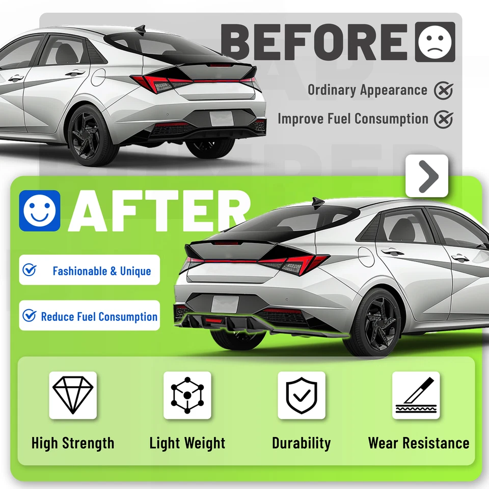 Shark Fin Rear Diffuser W/ Led Brake Light Gloss Black For Hyundai Elantra 21-23 Foto 2 de 4