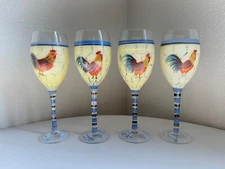 Rooster Hand Painted Wine Glasses Rooster Image W Poultry Wire Background  8.5"