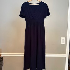 SHEIN Navy Blue Smocked Waist V-Neck Short Sleeve Maxi Dress Large 8/10