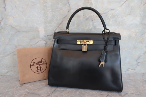 HERMES Kelly 28 Box Calf Handbag Black Circle M (1983)