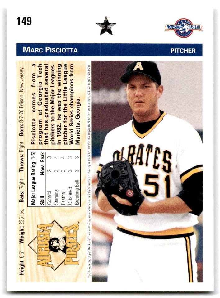 1992 Upper Deck Minors Marc Pisciotta Augusta Pirates #149 - Image 2 of 2
