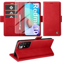 HandyhüLle FüR Redmi 10 PU Leder Wallet Flip Case Mit Schutzfolie Rot KlapphüLle