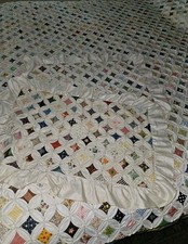 Cathedral Window VTG Handmade Hand Sewn Quilt 82  x 76   2 Pillowcases 27 X 16"