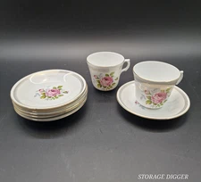 Vintage Fine Bone China England 2 Tea Cup & 6 Saucer Set Pink Roses Gold Trim