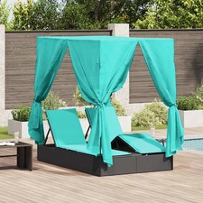 Doppelte Sonnenliege mit Dach mit Vorhängen PE Rattan Gartenlounge vidaXL