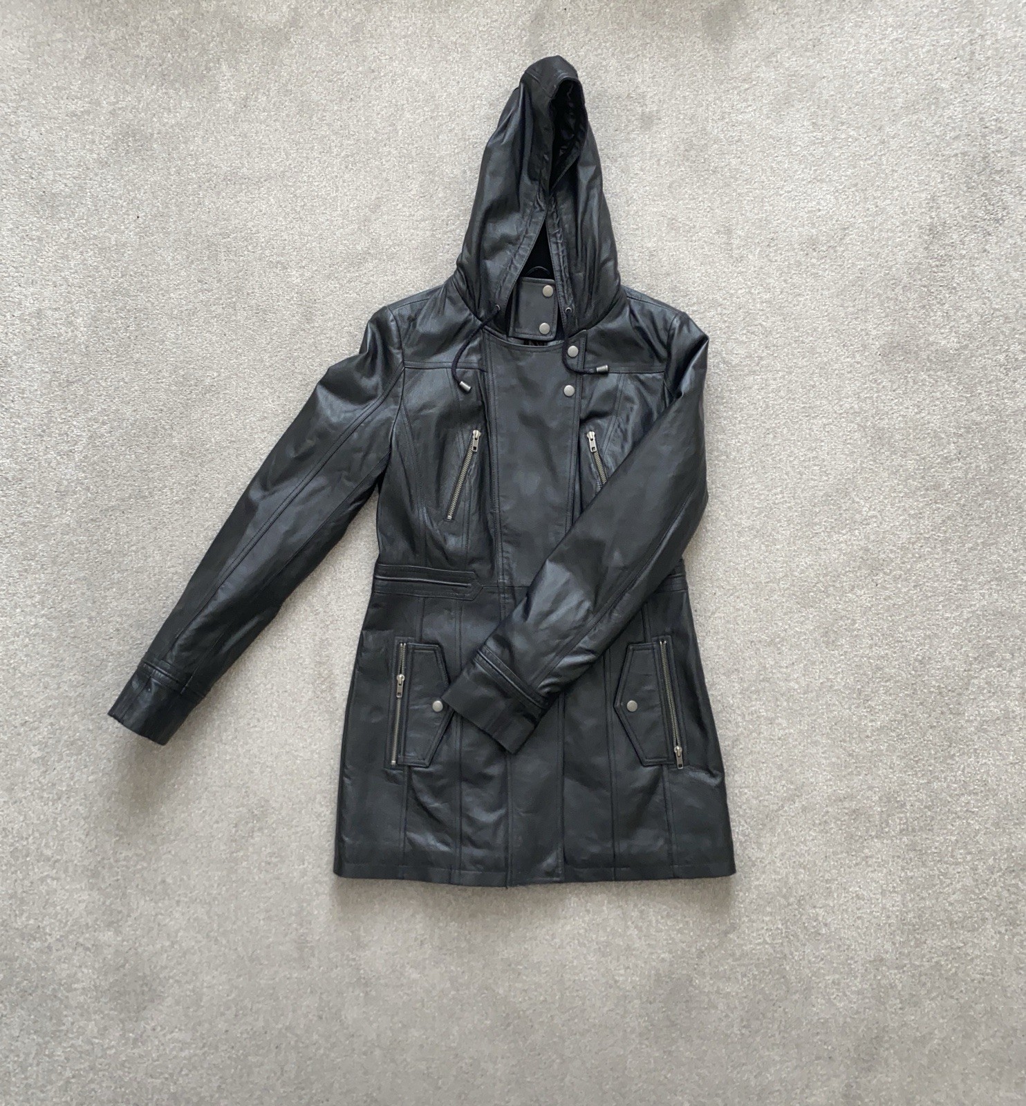 Black Leather Trench Coat UK 10 Hooded Long Jacket Belted Zip Pockets Stylish image 2