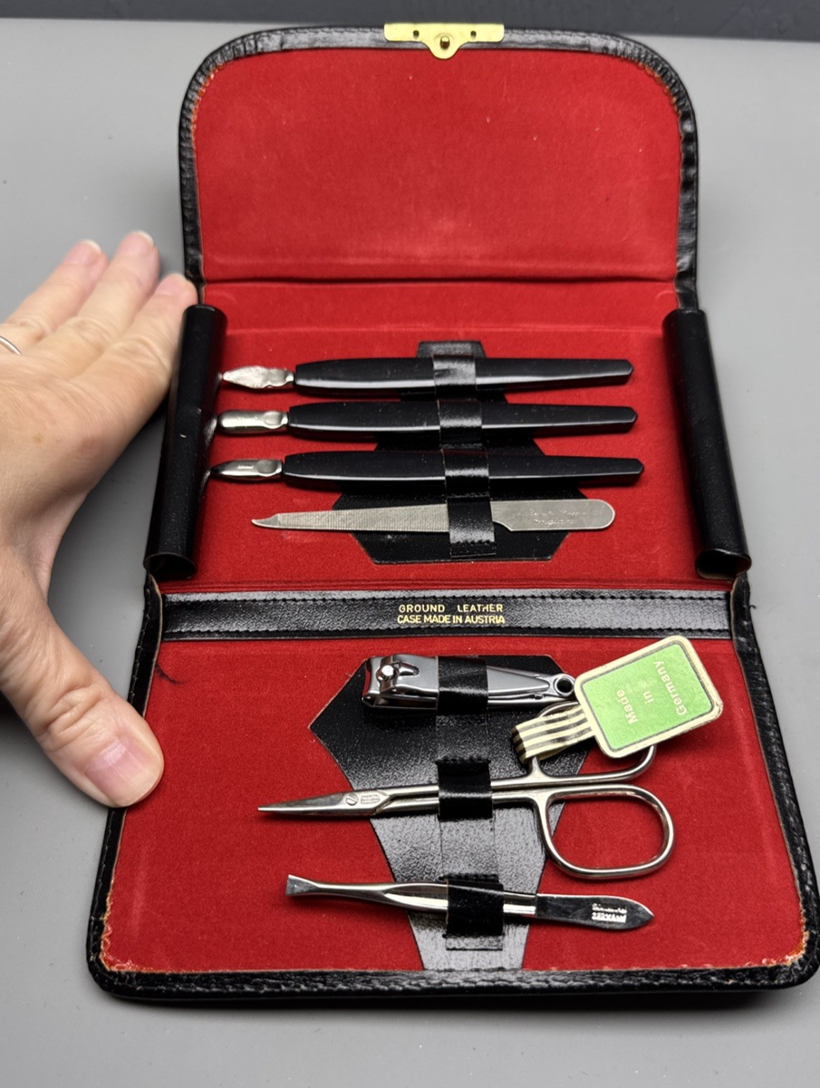 Vtg Manicure 7pc Set Austria Germany Crossed Palms Ground Leather