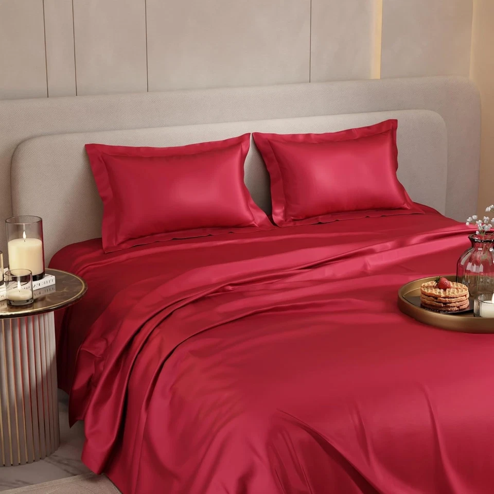 Silk Double Bedsheet with 2 Pillow Covers Premium Bedding Set flerty Red - Image 3 of 4