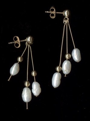 14K 2,08 Gramm Massiv Gelbgold Reisperle Zweig Quaste Perle Kugel Ohrringe Fr