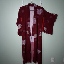 Handmade Japanese Style Kimono Robe Fits XS S M, Maroon Floral Vintage holes