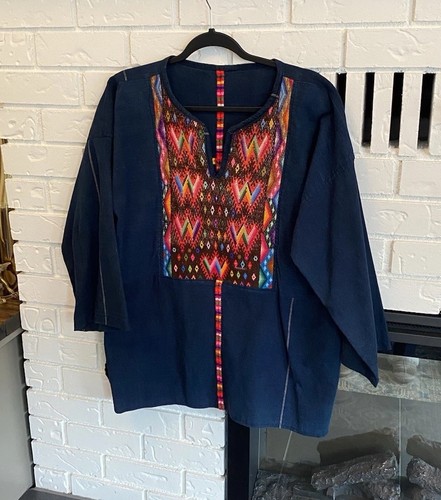 Vintage 1970s Guatemalan Handloom Denim Huipil Long Sleeve Tunic Sz L