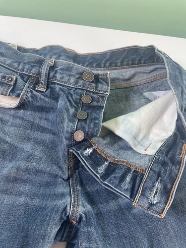 Abercrombie & Fitch Classic Straight Jeans Mens 33X32 Button Fly Blue Distress - Picture 4 of 13