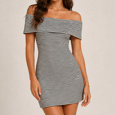 Forever 21 Black White Striped Off Shoulder Bodycon Dress Size L