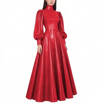 chinese dress ladies Plum Red Criss Cross Halter Neck Women Leather Dress Custom / Same As Picture