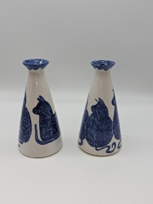 Pair Of Ceramic Vases/Candlesticks With Hand Painted Cat Images