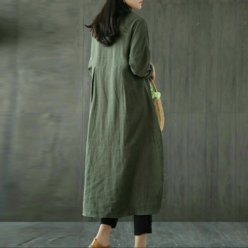 Women Linen Cotton Midi Dress Loose Baggy Long Sleeve Plain Vintage Casual M-5XL - Picture 7 of 14
