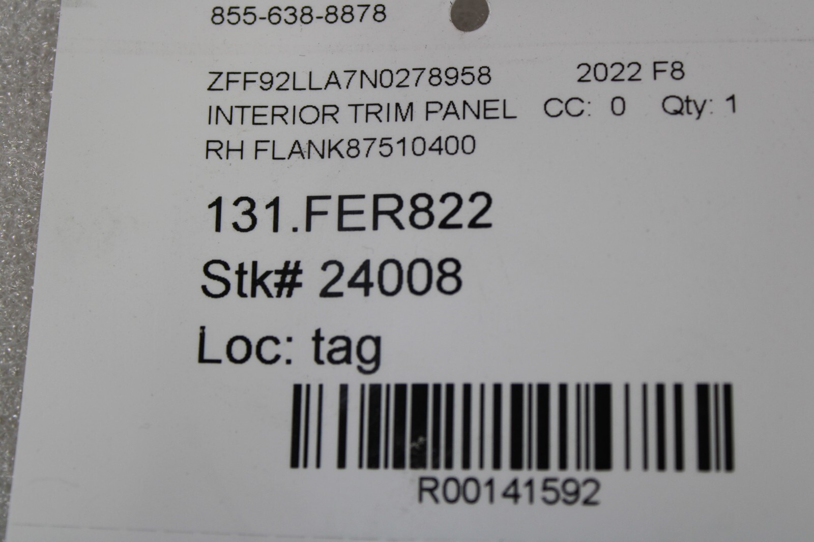 Ferrari F8 Tributo, RH, Right, Lateral Pillar Trim, Dmg, Used, P/N 88028312