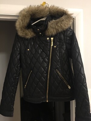 Juicy Couture Coat S Black Faux Fur Hoodie Pockets Bomber Zip Up Quilted Jacket