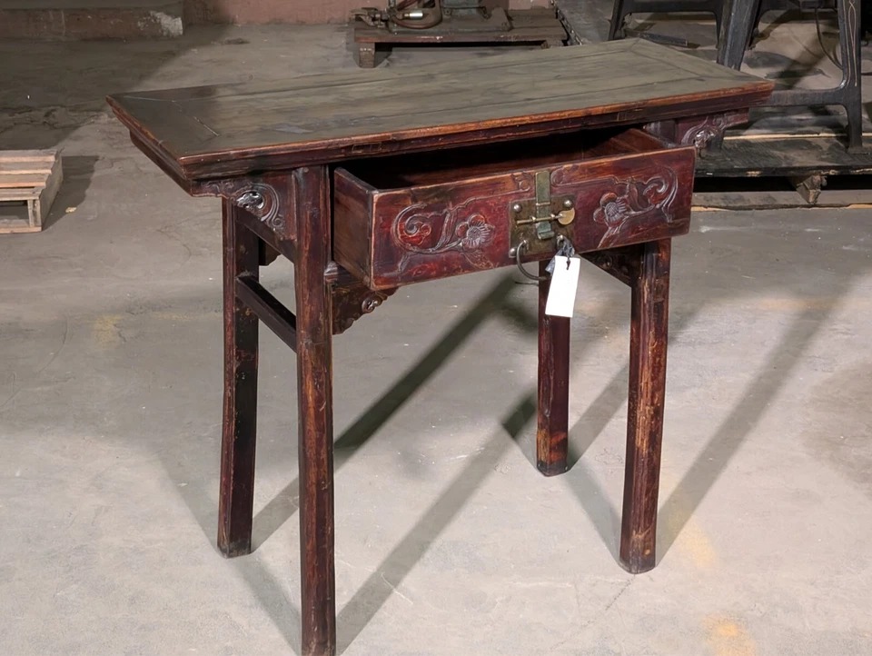 Antique Qing Dynasty Elm Wood Table with Drawer, Shanxi Province 35" x 40" x 16" - Image 2 of 4