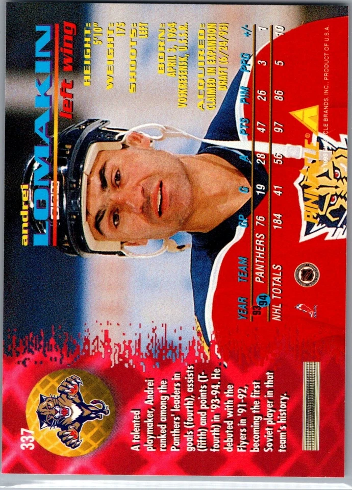 1994-95 Pinnacle Hockey- #337 Andrei Lomakin - Image 2 of 2