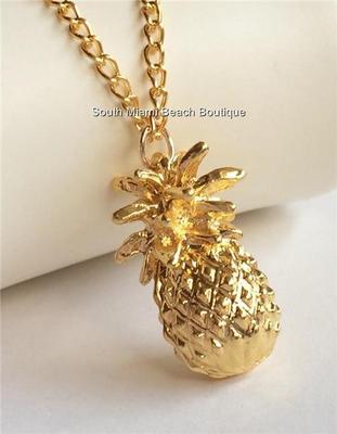 Gold Hawaiian Pineapple Necklace 22'' X-Long Pendant Island Plus Size Plated