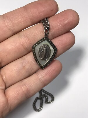 Vintage Sterling Mother of Pearl Heavy Ornate Saint Religious Pendant Shield