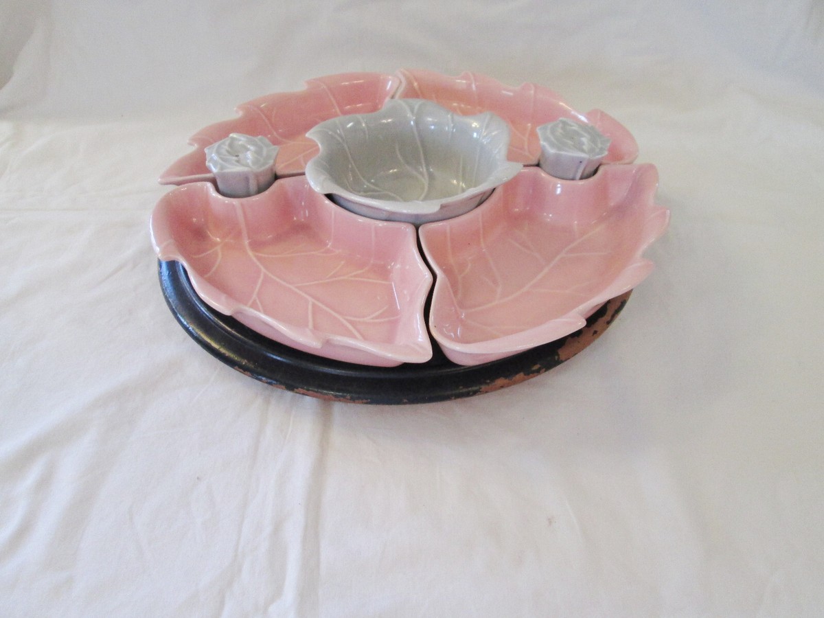 1960s California Pottery Lazy Susan w/ Wood Base 8 Piece