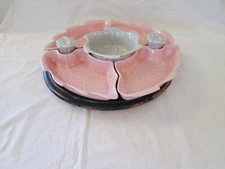 1960s California Pottery Lazy Susan w/ Wood Base 8 Piece Chip/Dip Set Pink/Gray