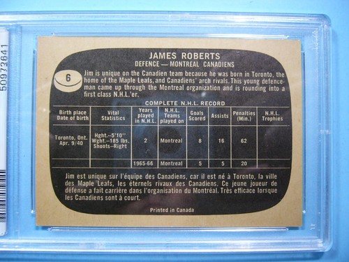 1966/67 TOPPS NHL HOCKEY CARD #6 JIM ROBERTS PSA 4 VG/EX SHARP 66/67 TOPPS - Picture 4 of 4