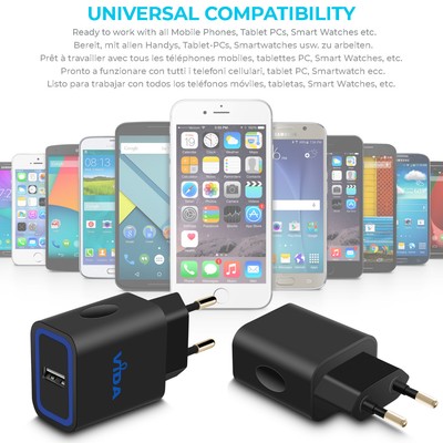 Caricatore Da Muro Vida IT 12W Con Cavo, USB Veloce, Spina Europea, Nero