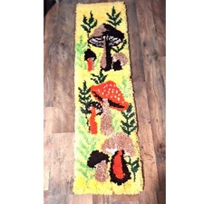 Vintage 70s Mushroom Garden Boho Latch Hook Rug Wall Hanging MCM