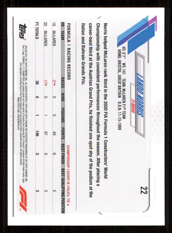 2021 Topps Chrome Formula 1 #22 Lando Norris - Image 2 of 2