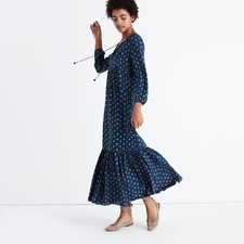 Madewell Silk Medallion Dot Maxi Dress in Coin Black Sea Size 6 NEW WITH TAGS