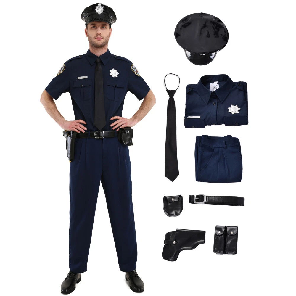 Men s Short Sleeve Police Officer Uniform Halloween Policeman Costume with Cap