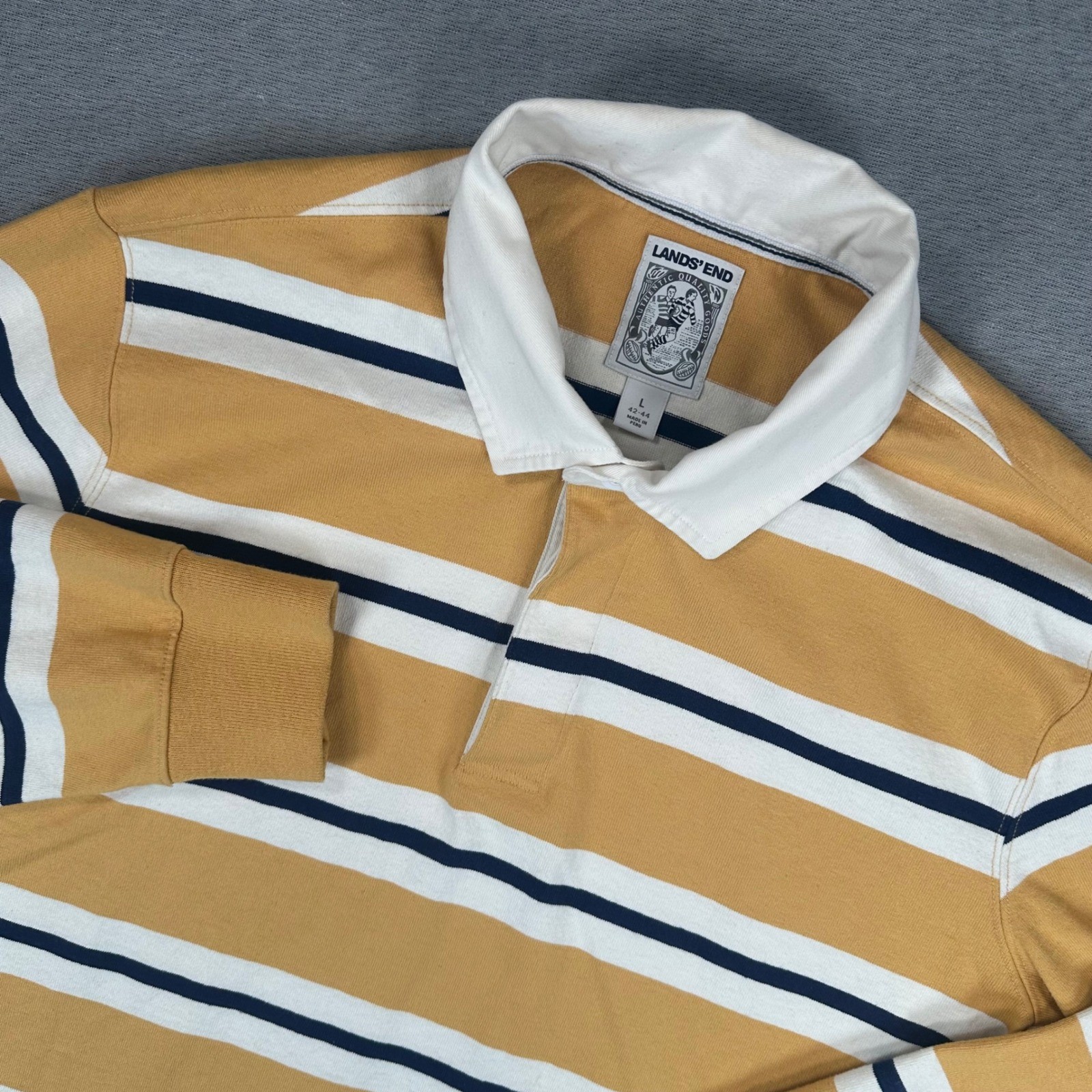 Lands End Rugby Shirt Mens  L 42-44 Yellow White Blue Long Sleeve Striped